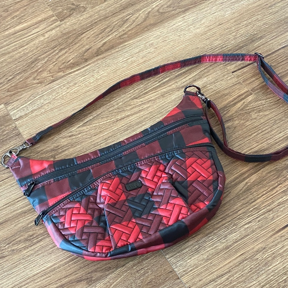Lug Hippy 2 crossbody bag red black buffalo plaid pattern.